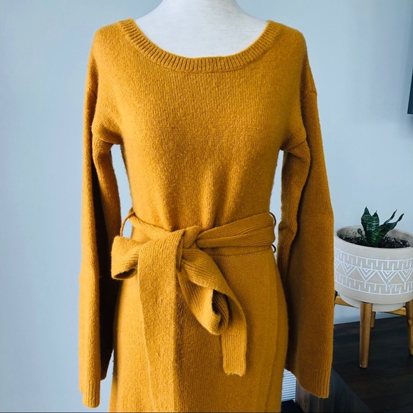 Express Wrap Cozy Warm Mustard Sweater Midi Dress with Belt with Wool Blend - Picture 4 of 6